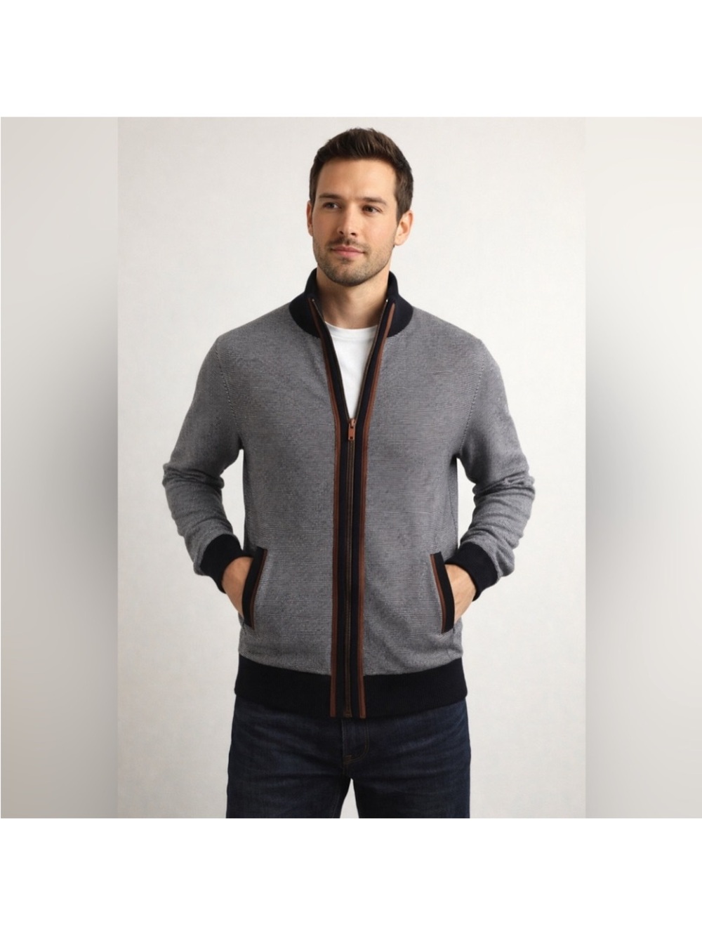 Daniel Bishop Heritage Collection Gray Sweater with Contrast Trim